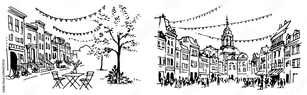 Naklejka premium European town square scenes with cafe tables and crowd of people detailed line art sketches