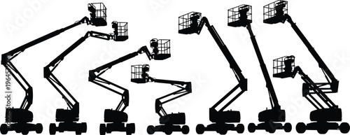 Black silhouette collection of industrial articulating telescopic boom lifts and aerial work platforms for construction maintenance and engineering projects isolated on white background