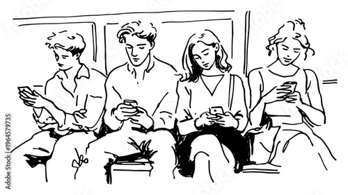 Young people sitting on bench looking at their smartphones in hand drawn ink sketch style