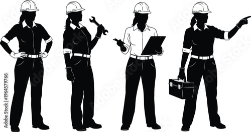 Black silhouette set of female construction workers and engineers wearing hard hats holding tools and clipboard isolated on white background for industrial labor concepts