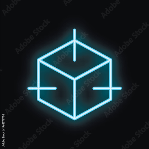 Blue neon cube glowing on a black background represents the concept of three dimensional space