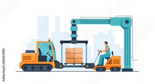 Automated Logistics & Industrial Material Handling with Robotic Crane and Worker