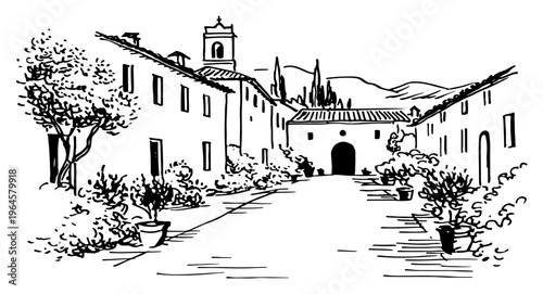 Traditional old town street with houses and potted plants line art style