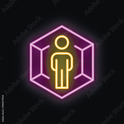 Neon sign representing the concept of mental health and isolation, with a man standing inside a cube