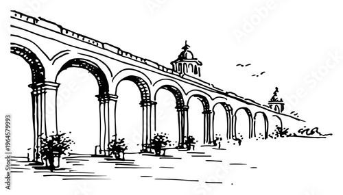 Historic architectural arcade with classic arches and columns line art style