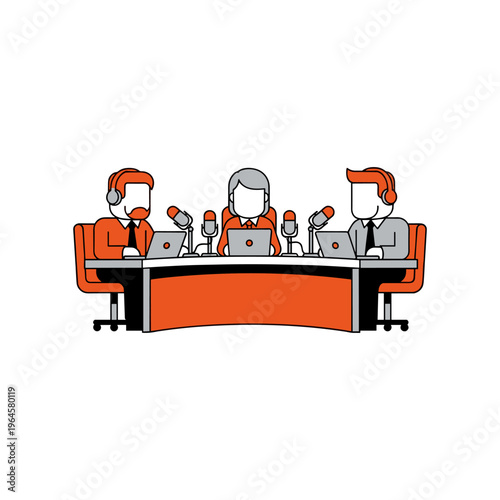 Podcast studio for recording radio show, host and guests line and color vector.