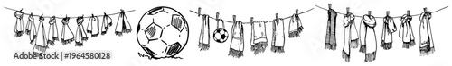 Soccer ball and sports scarves hanging on a clothesline in panoramic ink sketch style