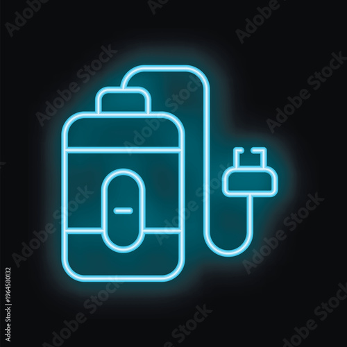 Blue neon icon of a power bank charging with a plug, isolated on a black background