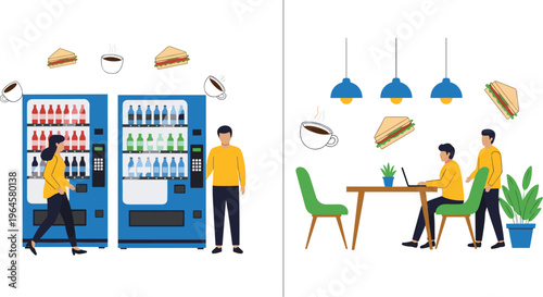 Illustration contrasting vending machines with café break area, showing people buying drinks or sitting at tables, perfect for refreshment themes, workplace design, and food artwork projects.