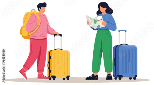 Two travelers with colorful luggage and a backpack stand on a light beige background while one person looks at a map and the other holds a suitcase.
