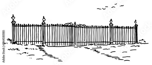 Quadro su tela Ornate wrought iron fence with decorative posts in vintage ink line art style