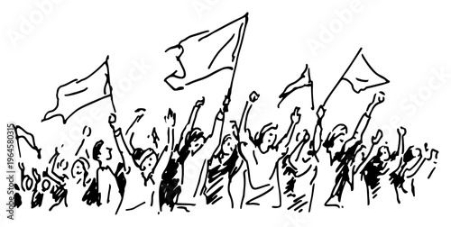 Crowd of people cheering and waving flags during event in hand drawn ink sketch style
