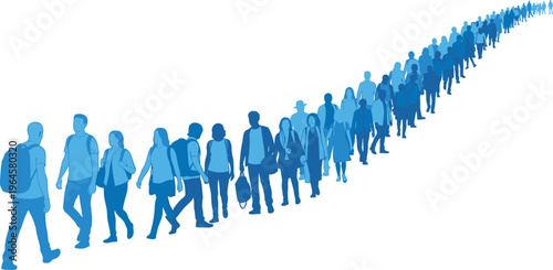 Long queue of diverse people standing in line crowd waiting perspective illustration social gathering collective movement patience discipline order