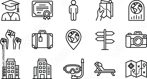 Travel education icon set, map location graduation camera suitcase vector line icons collection tourism lifestyle navigation design pack