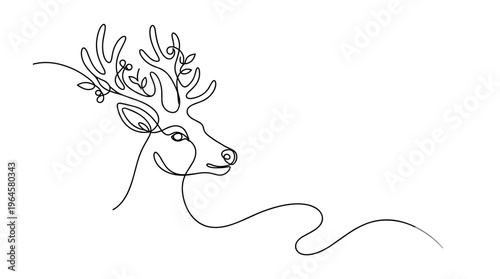Elegant single line drawing of a majestic deer head with intricate antlers adorned with delicate leaves and berries, minimalist art style, white background