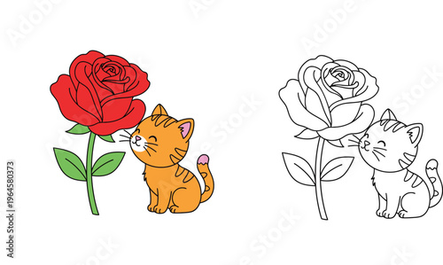 Cute orange kitten smelling a red rose, cartoon illustration with line art coloring page version