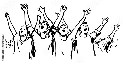 Excited fans cheering with arms raised and mouths open at event dynamic line illustration