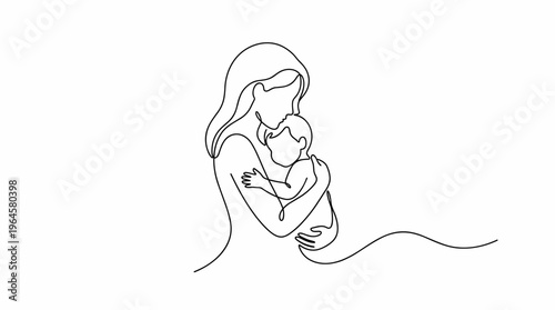 Elegant single line drawing of a mother holding her baby tenderly, symbolizing love, family, and maternal care in a minimalist artistic style.