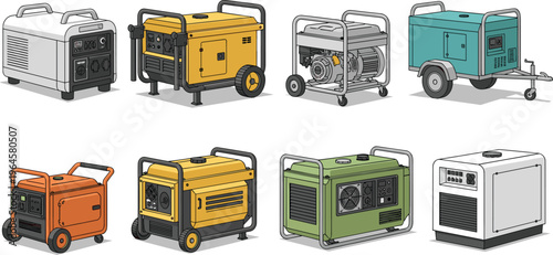 Illustration of eight portable generators in diverse designs and colors, including wheeled, trailer‑mounted, and compact models, perfect for energy themes, industrial artwork, and power equipment 