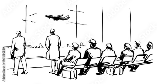 Travelers waiting in airport terminal watching airplane takeoff line art style