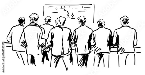 Professional team attending business presentation or seminar line art style