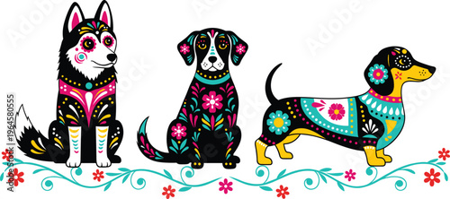 Colorful Decorative Dogs with Floral Folk Art Patterns Cute Dog Illustration Set Inspired by Traditional Ornament Vector Design Collection