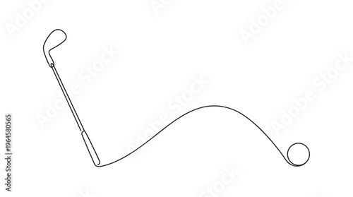 Minimalist single line drawing of a golf club hitting a golf ball in motion with a curved trajectory on a white background