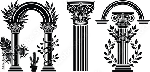 Illustration of ornate classical architectural columns with decorative capitals, plants, and laurel branches, perfect for ancient themes, architecture artwork, design projects, and historical