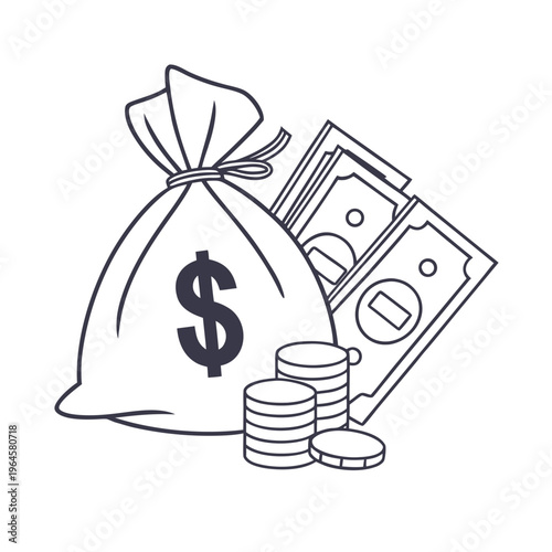 Black and white of dollar bills coins and a lightbulb in a shopping bag banknote