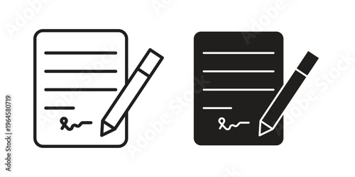 Signed contract icons line and solid version, outline and filled vector design set