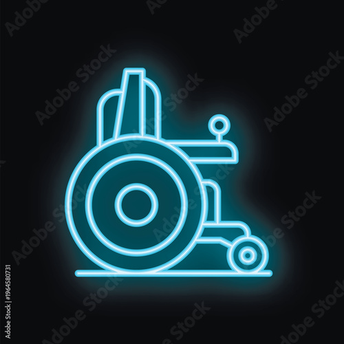 Blue neon wheelchair icon glowing on a dark background, symbolizing accessibility and inclusivity