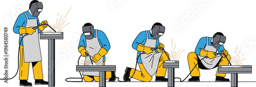 Illustration of workers welding metal with protective gear including helmets, gloves, and aprons, showing sparks and techniques, perfect for industrial design, fabrication, and safety projects.