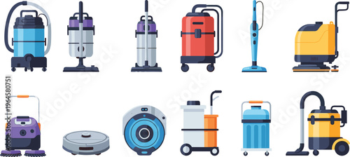 Illustration of twelve cleaning machines including vacuums, scrubbers, steam cleaners, and robotic devices, perfect for household chores, commercial cleaning, industrial design, and hygiene artwork 