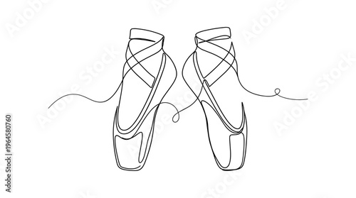 Elegant ballet pointe shoes depicted in a minimalist continuous line art style on a clean white background symbolizing grace and artistic expression