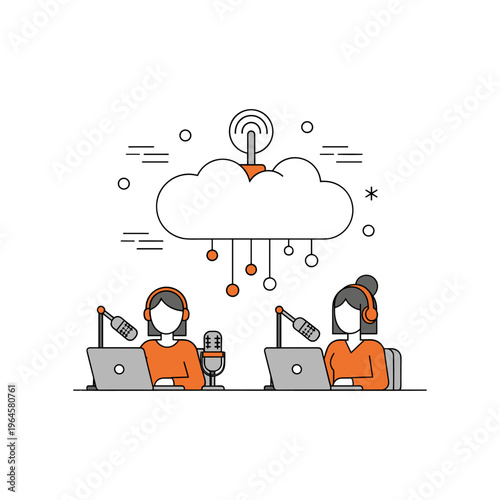 Cloud podcast broadcasting service, women recording audio online line art vector.