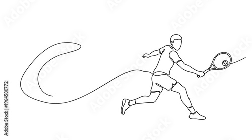 Dynamic continuous line drawing of a male tennis player in action hitting a forehand shot with a sweeping motion and a trailing curve representing energy and movement on a white background