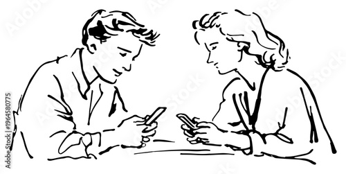 Couple sitting together while looking at their smartphones in minimalist ink line art style