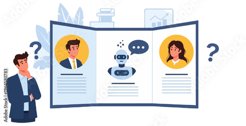 Two businessmen in dark blue suits stand beside a large three-panel display featuring portraits of a man a robot and a woman under blue question marks.