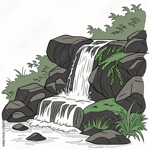 A serene waterfall cascading over rocks and lush greenery