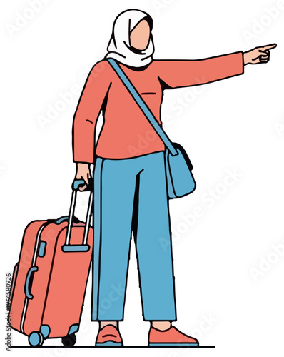A woman wearing a white hijab and coral shirt pulls a red rolling suitcase while pointing forward with her right hand on a plain white background.