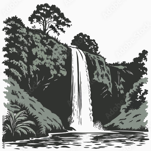 Black and white illustration of a serene waterfall cascading down a lush hillside with trees and foliage