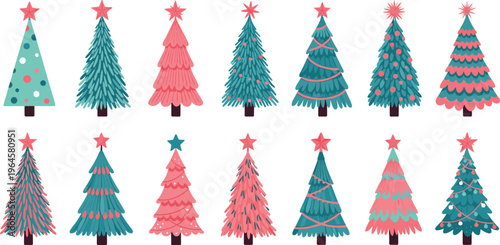Christmas Tree Set with Decorative Holiday Trees in Different Styles Winter Festive Pine Collection Vector Illustration for Greeting Cards and Seasonal Design