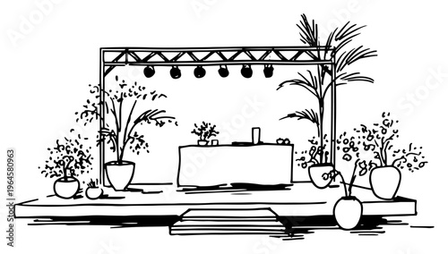 Empty event stage with plants and lighting equipment in hand drawn ink sketch style