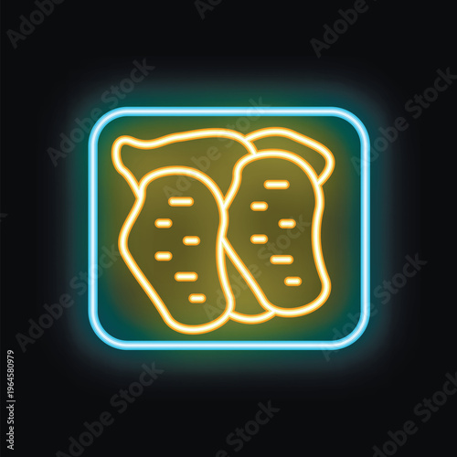 Glowing neon icon of chicken nuggets in box on black brick wall background