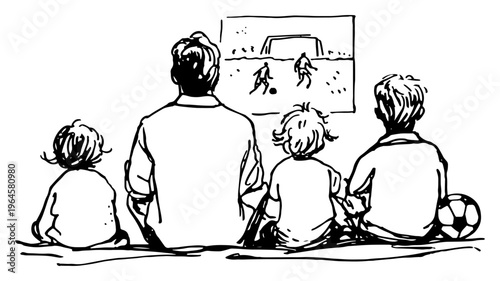 Father and children watching soccer match on television at home in hand drawn ink sketch style