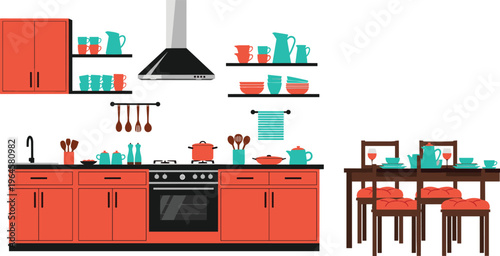 Modern kitchen and dining area illustration with red cabinets, black countertop, stove, utensils, and table setting, perfect for culinary themes, interior design, and home artwork projects.