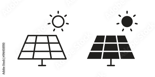 Solar panel icons line and solid version, outline and filled vector design set