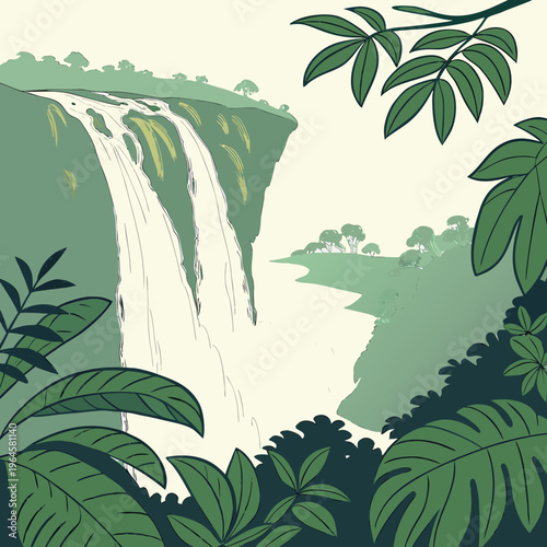 Illustration of a serene waterfall cascading down a lush green cliff surrounded by tropical leaves and foliage in a jungle environment