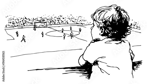 Young boy watching soccer game in stadium from behind a wall line art illustration