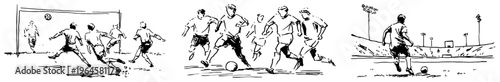 Soccer players in action on football field with goal and stadium lights set of sketches